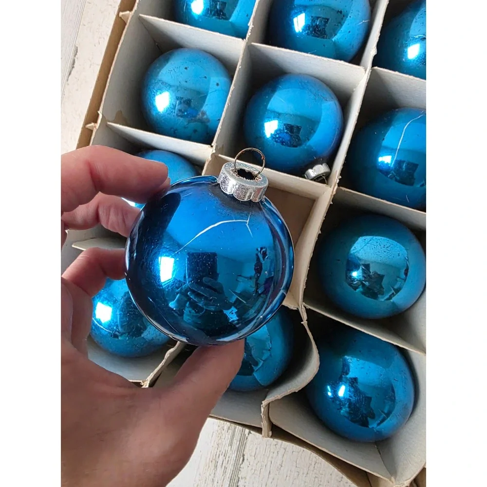 Vintage Frankie blue solid glass ornament set box Xmas tree
